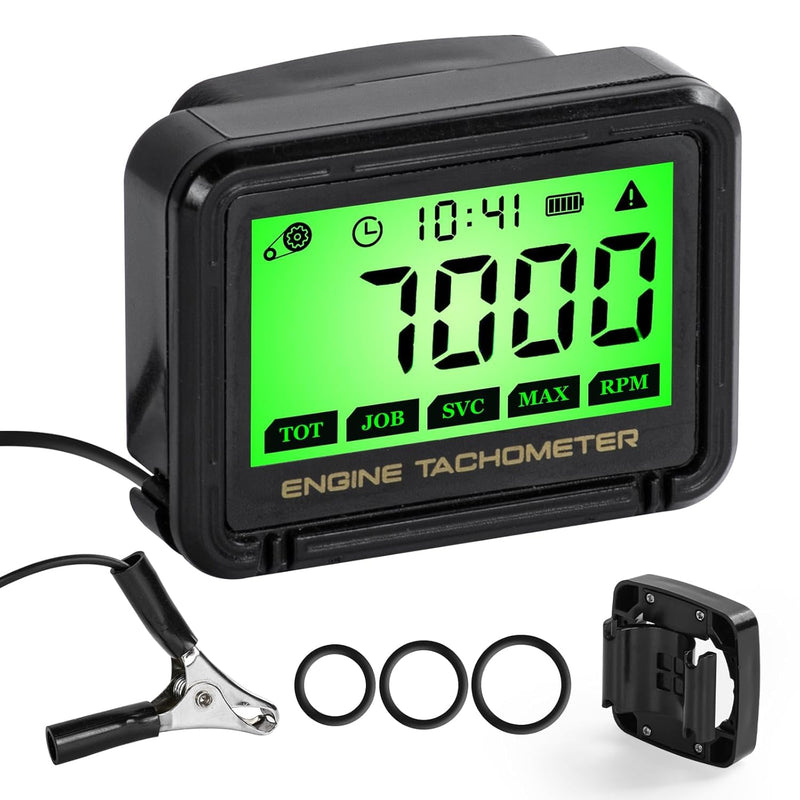 Digital Tachometer, Tach Hour Meter, Small Engine Tachometer with RPM Alarm, Clock, Battery and Memory Function, Auto Sleep and Reset, for Snowmobile Skis Motor Bike Go Kart Lawn Mower