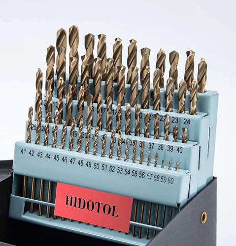 HIDOTOL 60PCS Cobalt Drill Bit Set M35 HSS Twist Jobber Drill Bits for Hardened Metal, Stainless Steel, Cast Iron, Plastic and Wood #1 - #60 with Indexed Metal Case Cobalt 60 PCS Number Size