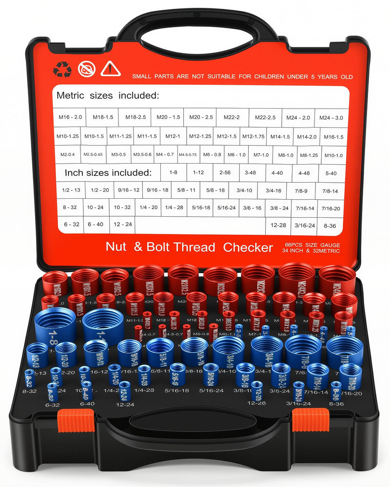 66 Pcs Nut and Bolt Thread Checker - 34 Standard & 32 Metric, Detachable Bolt Size Finder Tool, Screw and Nut Identifier Thread Gauge Especially for Tight Spaces 66 Thread Checker with Toolbox