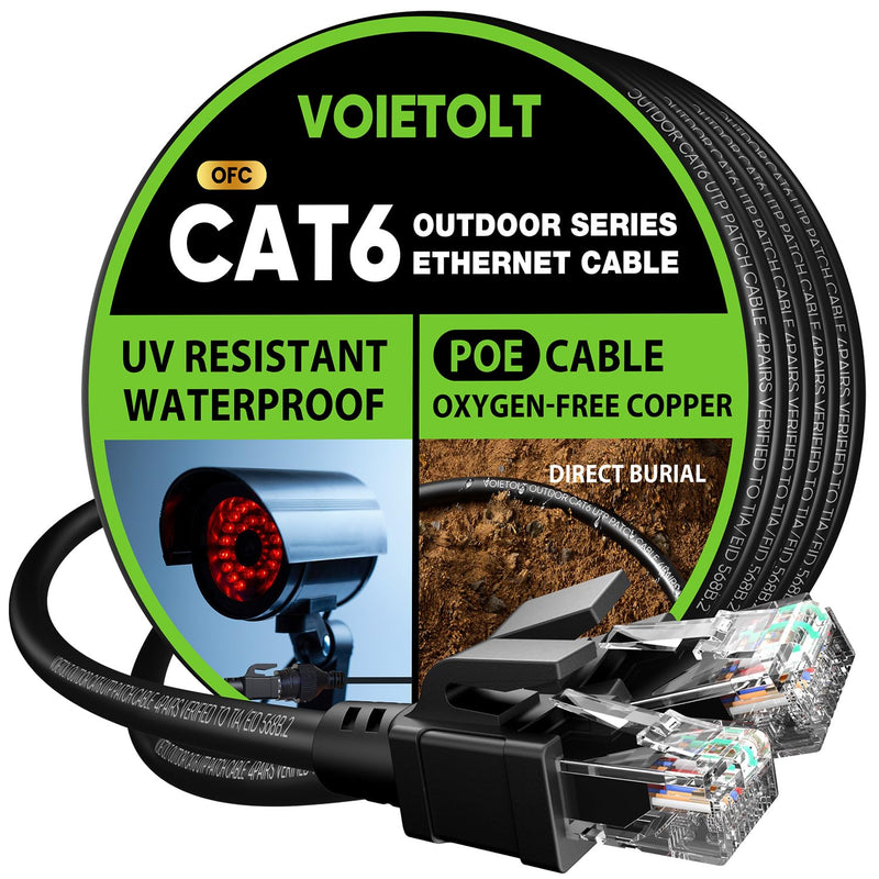 Cat 6 Outdoor Ethernet Cable 100 ft, 10Gbps 550MHz Pure Copper Network Internet Cable Direct Burial Waterproof UV LLDPE Jacket, LAN Cable Patch Cord with 20 Ties, UTP Support POE for PC