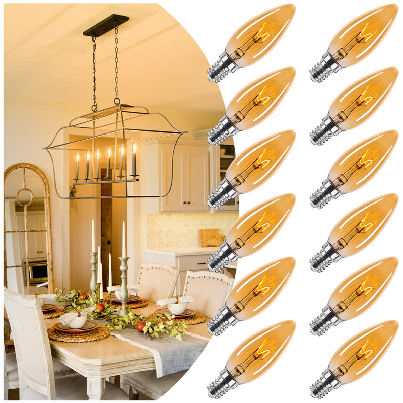Amber Candelabra Bulb 25W Equivalent, 2W Ultra-Fine Filament E12 Base Candelabra LED Light Bulb, Dimmable Amber LED Bulbs 2000k Soft Warm 200 Lumen, Candle Chandelier Bulbs,12Pack Candle 2w=25w 2000k Soft Yellow 12 Count (Pack of 1)