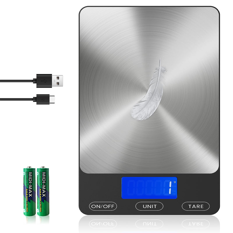 Food Scale -33lb Digital Kitchen Scale for Food Ounces Grams Rechargeable 305 Stainless Steel,Batteries and Type-C Charging | Perfect for Meal Prep, Cooking, and Baking, Black Large