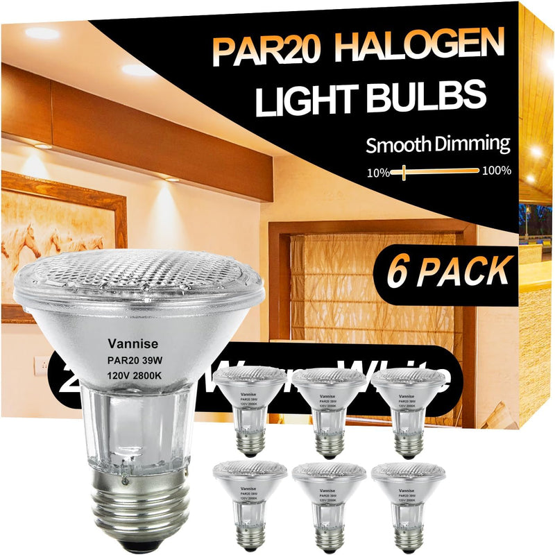 PAR20 Flood 39W 120V 480 Lumens, 6pcs High Output PAR20 Halogen Light Bulb Warm White 2800K, 39W PAR 20 Dimmable with E26 Base, Long Lasting PAR 20 Flood Light Bulb for Indoor Outdoor 39 W- 6 Pack