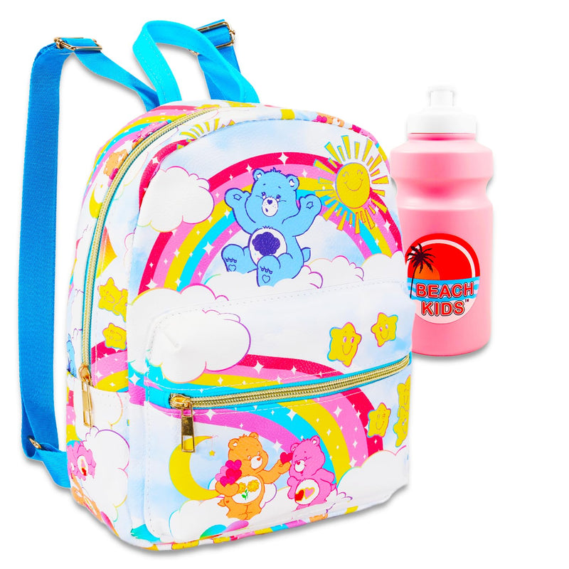 Care Bears Mini Backpack for Girls - 10” Faux Leather Care Bears Backpack with Front Pocket Plus Bottle | Care Bears Backpack Bundle