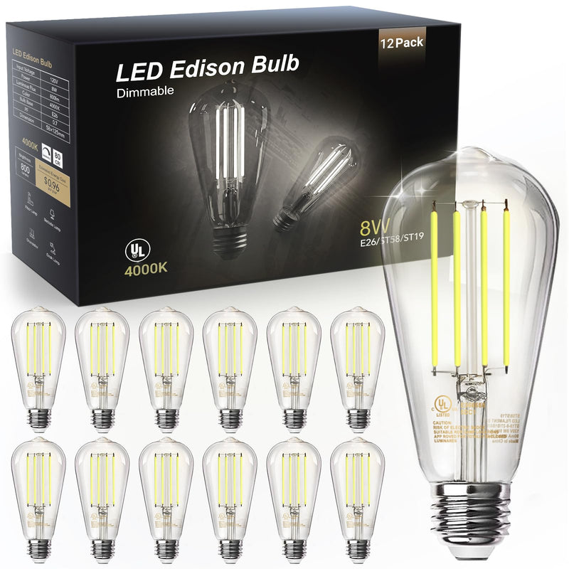 TJOY 12 Pack E26 Base Vintage LED Edison Light Bulbs, 60W Equivalent Dimmable, 4000K Natural White, 8W ST58 LED Filament Bulbs, 800Lumens, CRI80+, Antique Glass Style for Home, Bedroom, Farmhouse 12 Pack - 8W Natural White 4000k