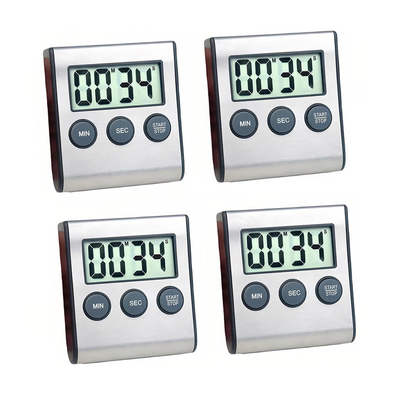 Lancoon 4 Pack Digital Timer with Magnetic Countdown Loud Alarm Hanging Hole Bracket Stainless Steel Battery Easy to Carry for Kitchen Cooking Baking Sports (Silver)