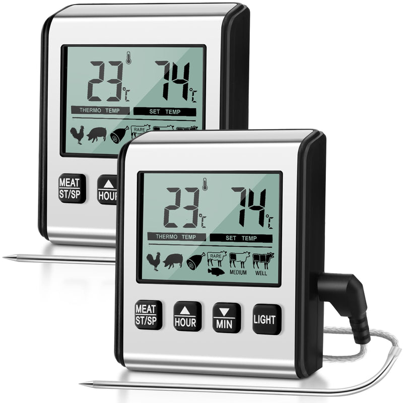 2 Pcs TP710 Digital Cooking Meat Thermometer, Large LCD Backlight Food Thermometer with Stainless Steel Probe and Timer for Kitchen Oven BBQ Grilling Deep Fry Smoker