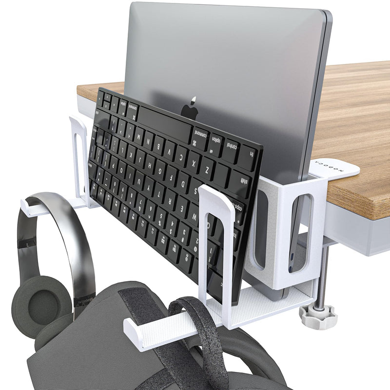 NODOCA 2-Slot Laptop Storage for Desk, MacBook Vertical Stand, Vertical Laptop Stand, with Headphone Holder, Desk Side Storage, Laptop Storage Rack[L, White]