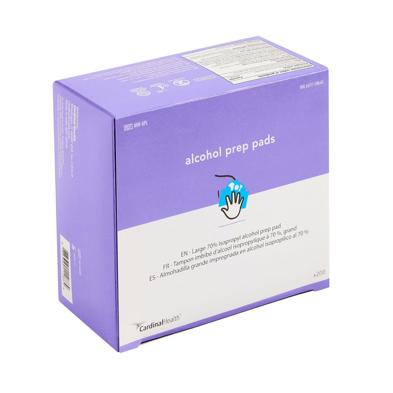 Cardinal Health MW-APL Individually Packaged 70% Isopropyl Alcohol Prep Pad - 9 x 4.5 cm - Non-Woven Pad - Topical Antiseptic - Prepare Skin for Injections - 2 Ply - Large - 1 Box of 200 Each