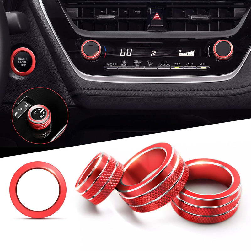 for 2020-2025 2026 Toyota Corolla & 2022-2025 2026 Corolla Cross Accessories, 4pcs Aluminum Alloy Knob Cover Trim Set - Rearview Mirror Switch, AC & Push Start (Red) Red