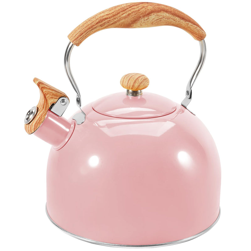 GGC Tea Kettle for Stove Top, 85OZ/2.6QT Whistling Tea Kettles for Boiling Water Milik or Coffee, Pink Stainless Steel Tea Pots with Wood Pattern Folding Handle, Thumb Design Control Kettle Outlet Cute Pink