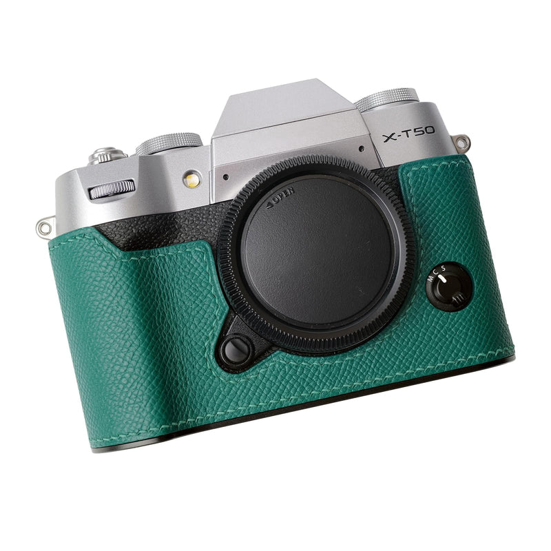 Iborrys Camera Genuine Leather Half Case ，Compatible with FUJIFILM FUJI X-T50 XT50 ， Made by hand - Top layer cowhide Body + Metal Base Plate 2-in-1 Design (Green) Green
