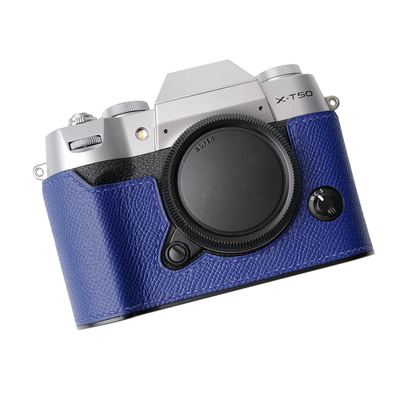 Iborrys Camera Genuine Leather Half Case ，Compatible with FUJIFILM Fuji X-T50 XT50 ， Made by Hand - Top Layer Cowhide Body + Metal Base Plate 2-in-1 Design (BlueA) BlueA