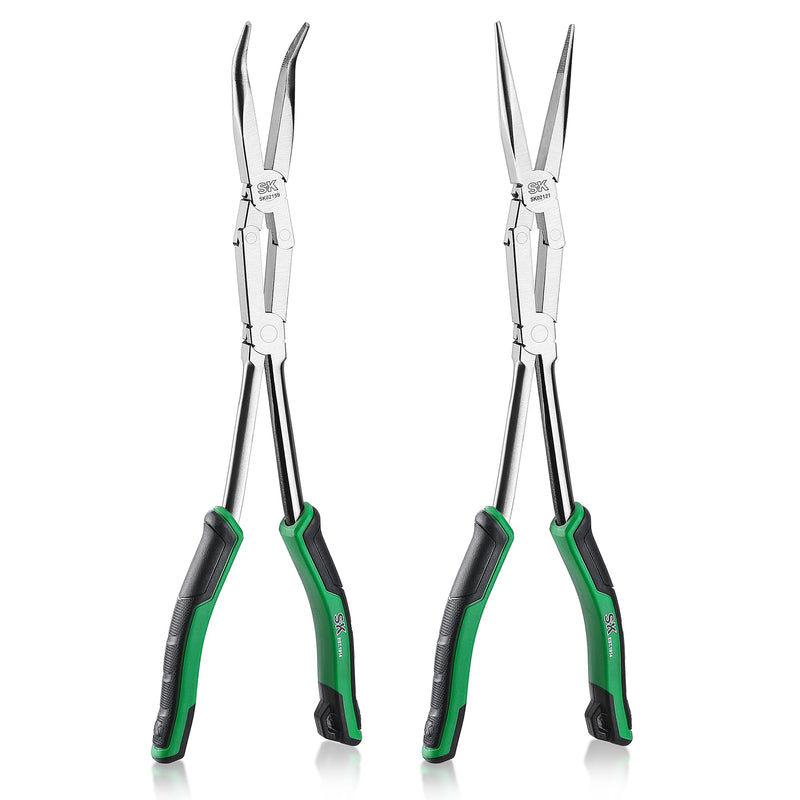 SK 2-Piece Double Compound Long Reach Pliers Set, 13-Inch Straight Long Nose Pliers, 45° Bent Nose, with Comfort Grips, Premium CR-V Steel Construction