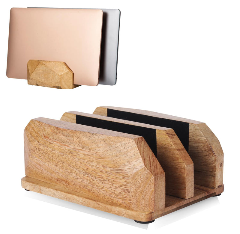 Width Adjustable Vertical Laptop Stand for Desk, Laptop Holder to Dock MacBook, MacBook Pro and Other Laptops, Versatile Vertical Laptop Docking Solutions - Mango Wood Mangowood