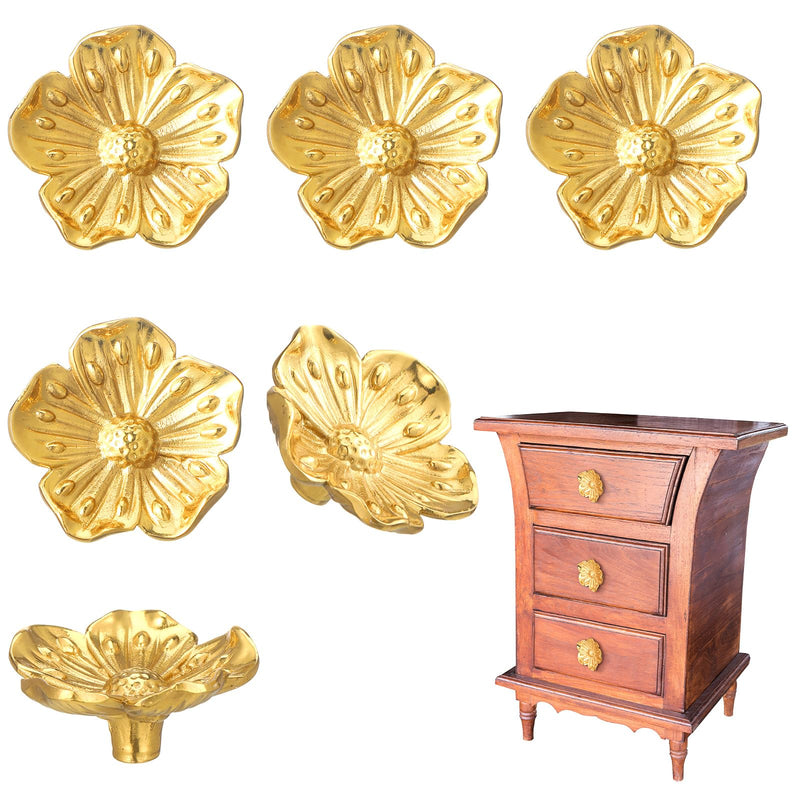 MorningRo 6 Pack Brushed Gold Flower Cabinet Knobs Kitchen Gold Drawer Pulls Bathroom Zinc Petal Handles for Dresser Drawer Decoration Knob of Cupboard Furniture Hardware