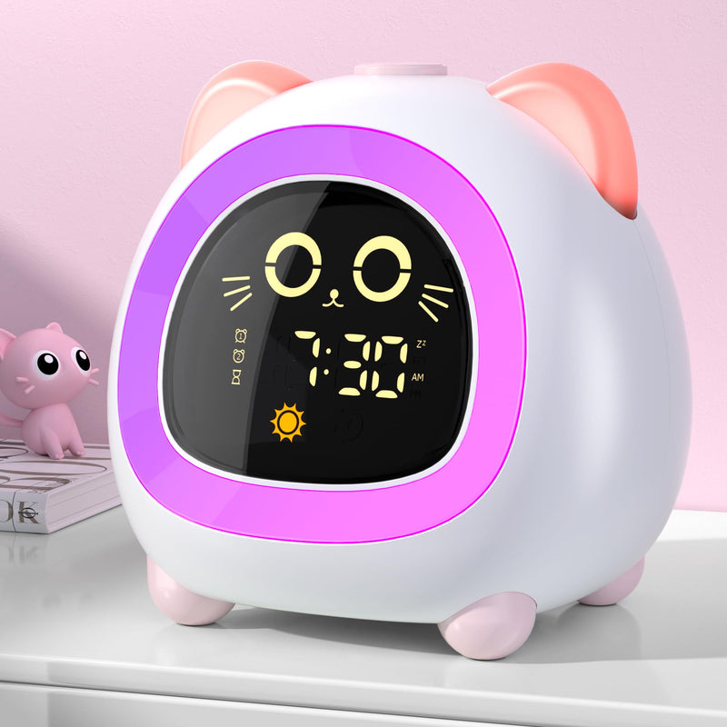 Alarm Clock for Kids, Ok to Wake Clock for Kids with Eye Protection Sleep Training Auto Off Feature 10 Night Light Dual Alarm for Bedroom, Kids Alarm Clock Pink Cat Gifts for Girls Powder Pink