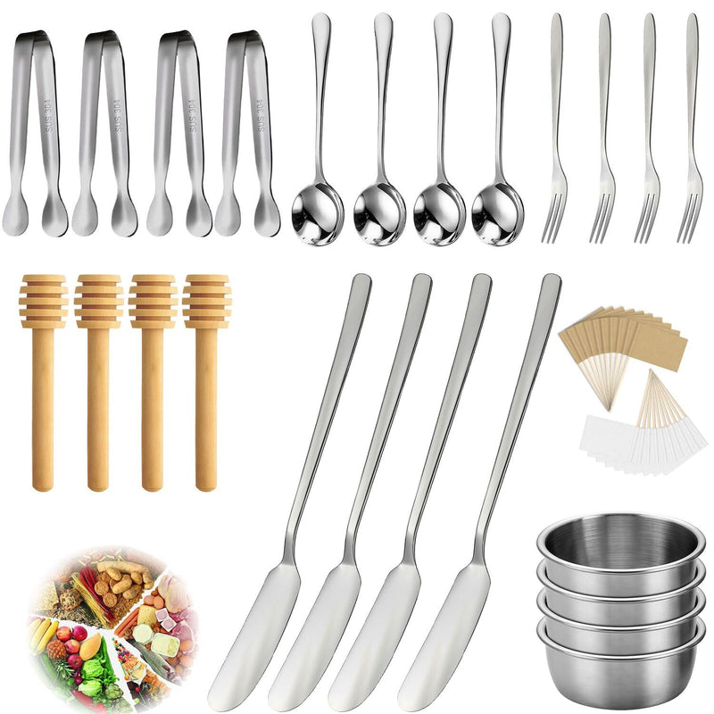 34PCS Cheese Butter Spreader Knives Set，Abnaok Stainless Steel Charcuterie Board Accessories，Knife, Fork, Spoon, Tongs, Bowl, Toothpick Flags，Charcuterie Boards Gift Set for Pastry Making，Food Grade