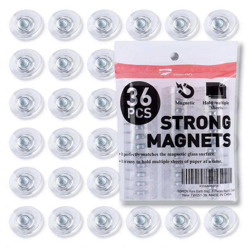 TOWON Rare Earth Magnets Large, Strong Magnets for Glass Whiteboard and Dry Erase Board, 36 Pieces Round Clear Transparent 36