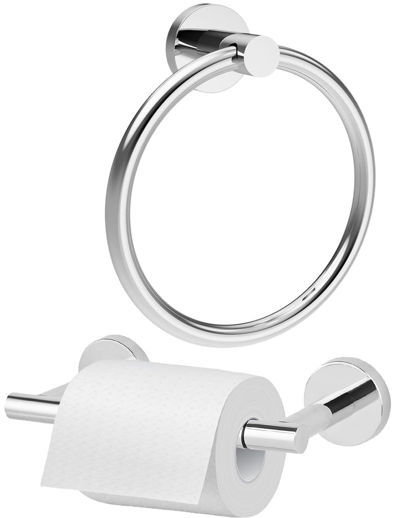 Polished Chrome Toilet Paper Holder & Towel Ring, SUS 304 Stainless Steel Silver Bathroom Hardware Set with Pivoting Toilet Paper Roll Holder Wall Mount for Bathroom Polished Chrome