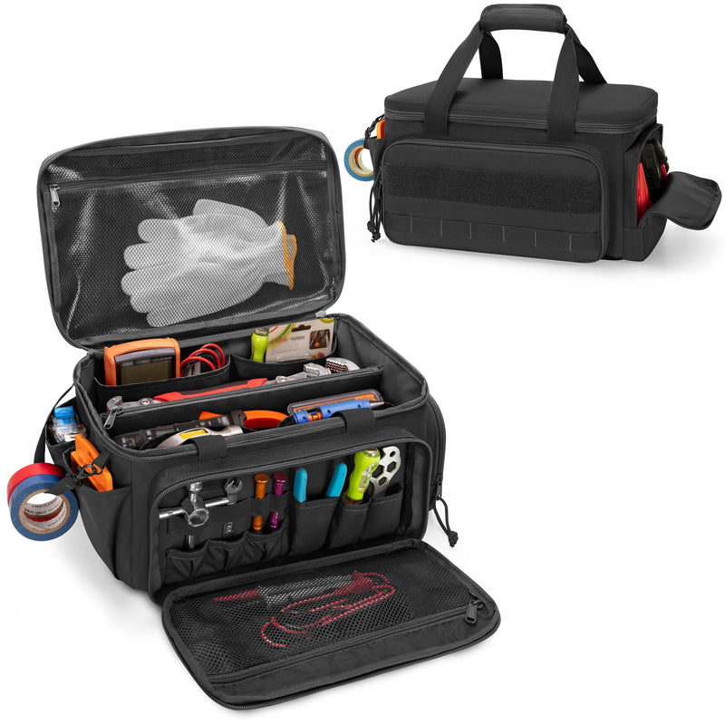 Rexmica 14-Inch Tool Bag with Anti-friction Bottom, Hand Tool Storage Organizer for Men, Tactical Range Bag, Multi-purpose Work Tote for Repairman, Carpenters, Handyman, Black