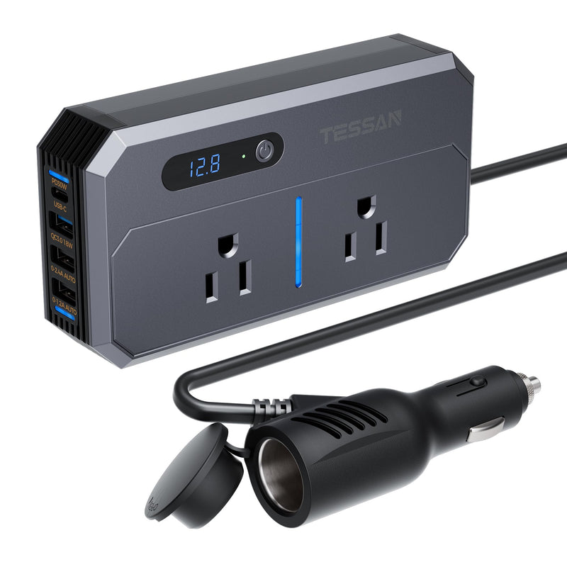 200W Car Power Inverter, TESSAN 12V DC to 110V AC Converter with 2 AC Outlets and 4 USB Ports, PD/QC 3.0 Fast Charging, Car-Essentials for Camping, Road Trip, Gray