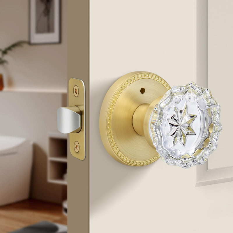 Moquin Modern Gold Interior Crystal Door Knob with Lock (No Key), Privacy Glass Door Knob with Privacy Button for Bathroom, Bedroom or Closet, Satin Brass Epiphyllum+Round with Bead Cover (Satin Brass)