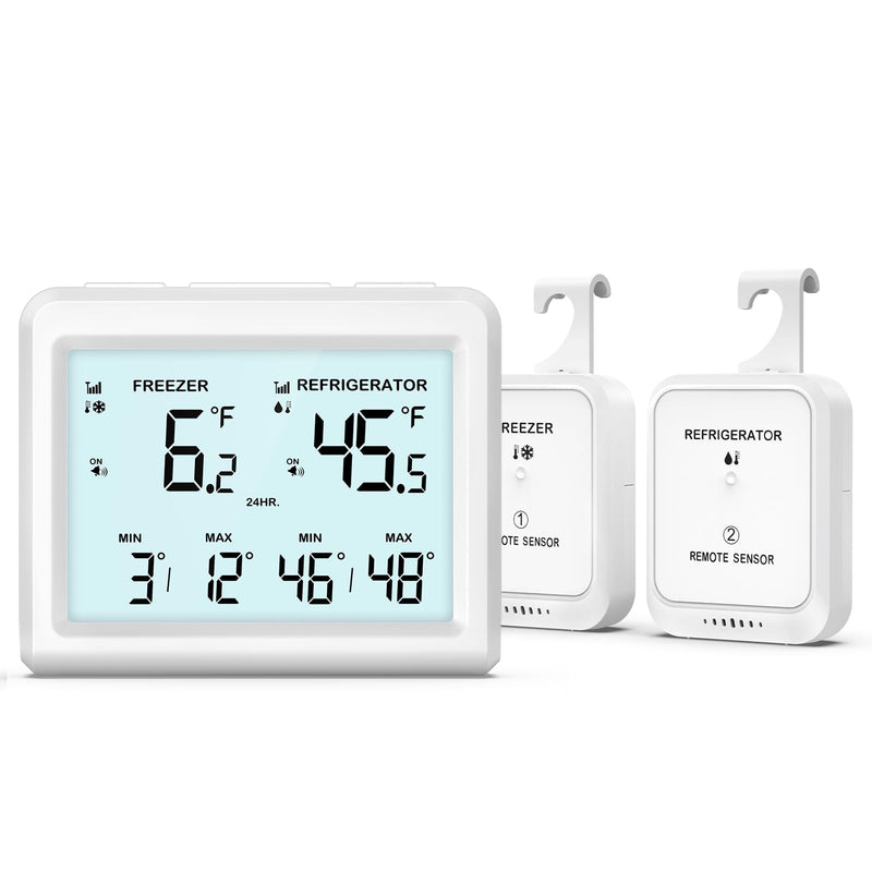 AMIR Wireless Refrigerator Thermometer, Digital Fridge and Freezer Thermometer with Alarm, Freezer Alarm with 2 Sensors, 3.7 inch LCD Fridge Thermometer for Home and Restaurants