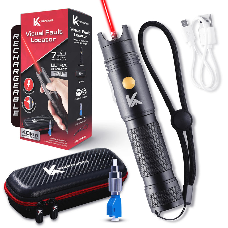 Powerful Rechargeable Visual Fault Locator 40km with Case - VFL Tester with FC Male to LC Female Adapter - 7h Battery Life Red Light Pen for Fiber Network Cable Test KLFO50 1mw