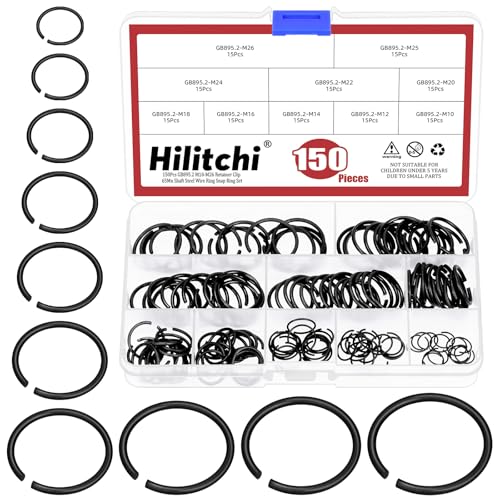 Hilitchi 150PCS Round Wire C-Clips 10 Sizes GB895.2 Retainer Clip Black Internal Snap Rings Round Wire Snap Rings Assortment Kit for Hole Shaft