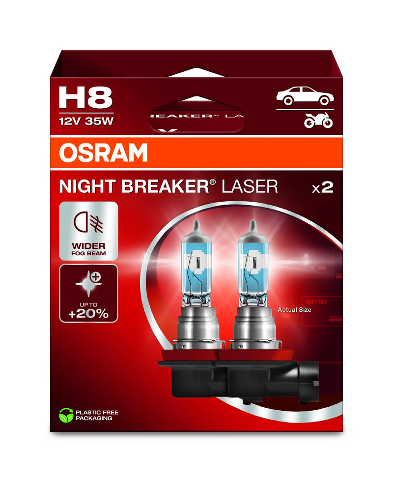 OSRAM Night Breaker Laser H8, +150% More Brightness, Halogen Headlight Bulb, 64212NL-2HB, 12 V Car, Hanging Box (2 Lamps), White