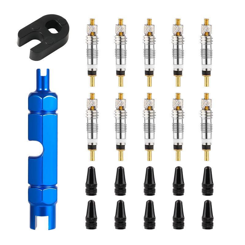 10pcs Valve Core for Presta, Tubeless Valve Core Bike Bicycle Replacement with 2 Plastic & Alloy Valve Core Remover Dismantle Removal Tools & 10 Valve Stem Core Caps for Tubeless Road MTB Tires