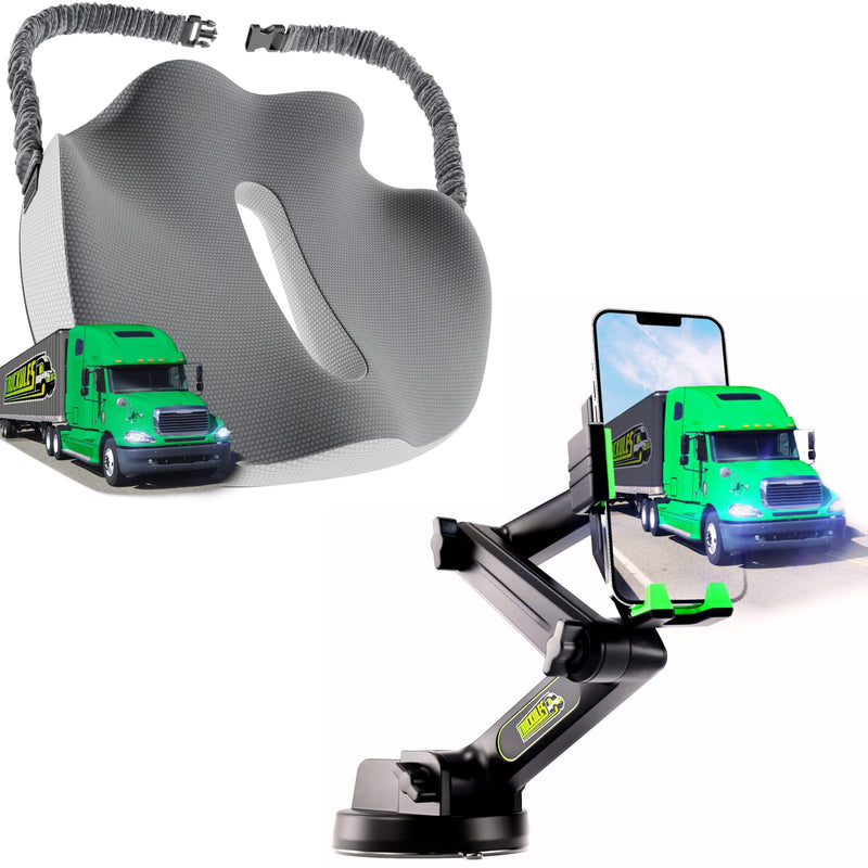 Semi Truck Seat Cushion & Green Semi Truck Phone Mount, Ultimate Memory Foam Trucker Seat Cushion & Heavy Duty Cell Phone Device Holder for Dashboard Windshield Window (1 SC & 1 PM)