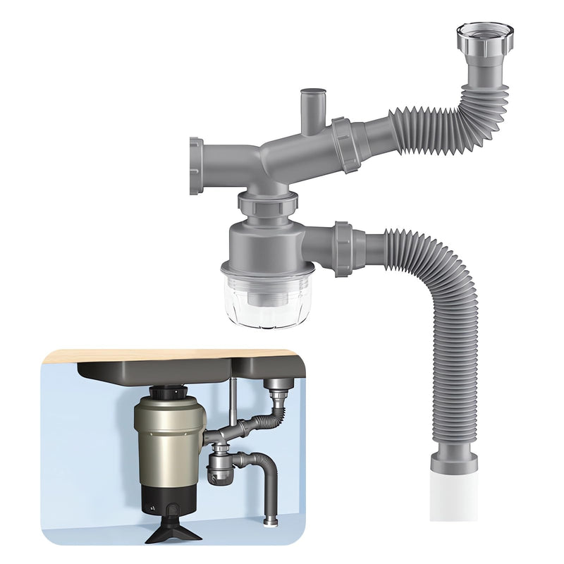 Garbage Disposal Drain Kit, Kitchen Sink P-Trap 1 1/2, Space Saving, Visible, Clog Resistant, Odor Resistant, Easy to Clean Double Sink Drain Gray