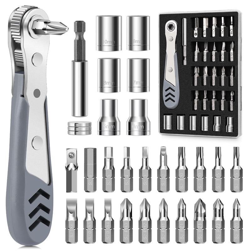 30in1 Right Angle Screwdriver, 36-Tooth Mini Ratchet Wrench, Angle Screwdriver for Tight Spaces, Low Profile Offset screwdriver, Magnetic Ratchet Screwdriver Repair Tool