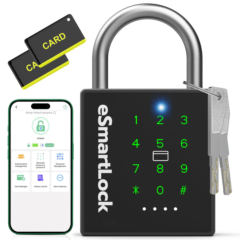 New Smart Padlock with Key, Heavy Duty Combination Padlock, RFID Pad Lock with Codes Bluetooth APP Access, Outdoor Waterproof Electronic Key Lock for Gate Fence Shed Locker Garage Garden Large