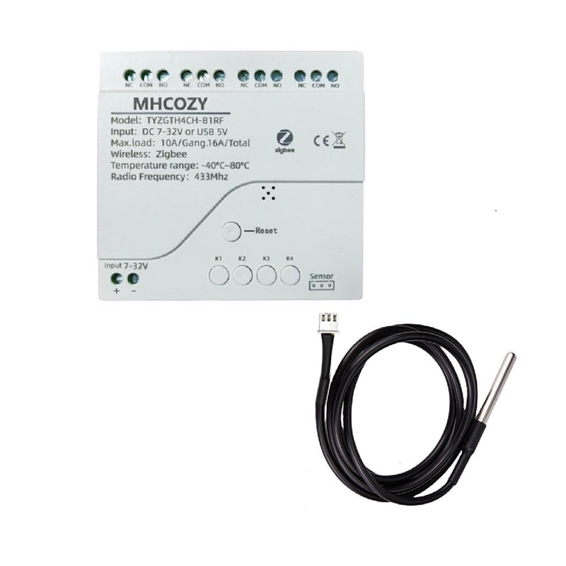 Zigbee Temperature Monitor Controller,4 Channel 12V Tuya app Remote Dry Contact Smart Relay Switch with Waterproof Temperature Sensor Probe(Tuya Zigbee hub needed)