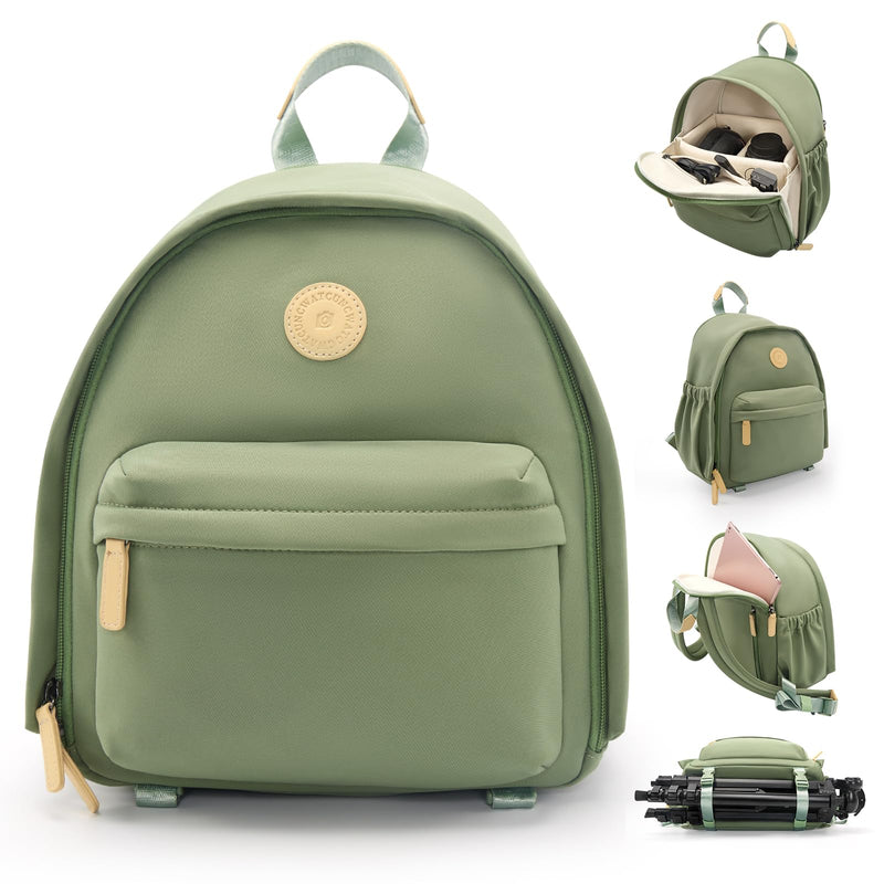 Cwatcun Camera Backpack for Women, Compact DSLR Bag with Tripod Strap | Fits 1body+1lens+10.9"iPad. Removable dividers, 18mm padding,tripod strap, anti-theft pocket, lightweight 0.96kg. Green 1.0 Small