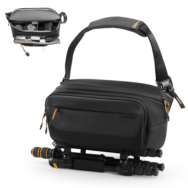 Cwatcun Camera Sling Bag, DSLR Compact Camera Shoulder Bag Crossbody | Photography Bag Case Purse for Canon Nikon Sony Fuji DSLR/SLR/Mirrorless Cameras with tripod holder Black Large