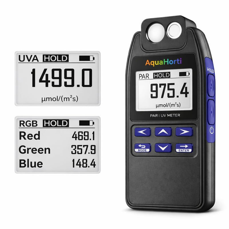 AH-Quantuv PAR Meter for Grow Lights, PPFD Meter 400-750nm with UVA Measurement 320-400nm, Shows PAR Breakdown of Blue Green Red, Records PAR & UVA for Light Distribution Mapping
