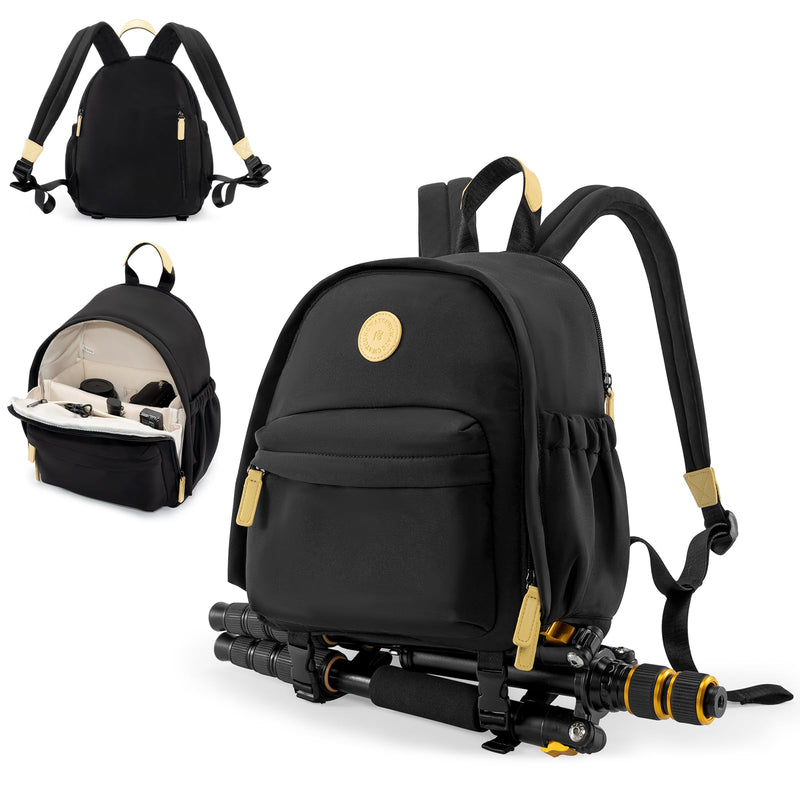 Cwatcun Camera Backpack for Women, Compact DSLR Bag with Tripod Strap | Fits 1body +1lens +10.9"iPad. Removable dividers,18mm padding,waterproof,tripod strap,anti-theft pocket,lightweight 0.96kg. Black 1.0 Small