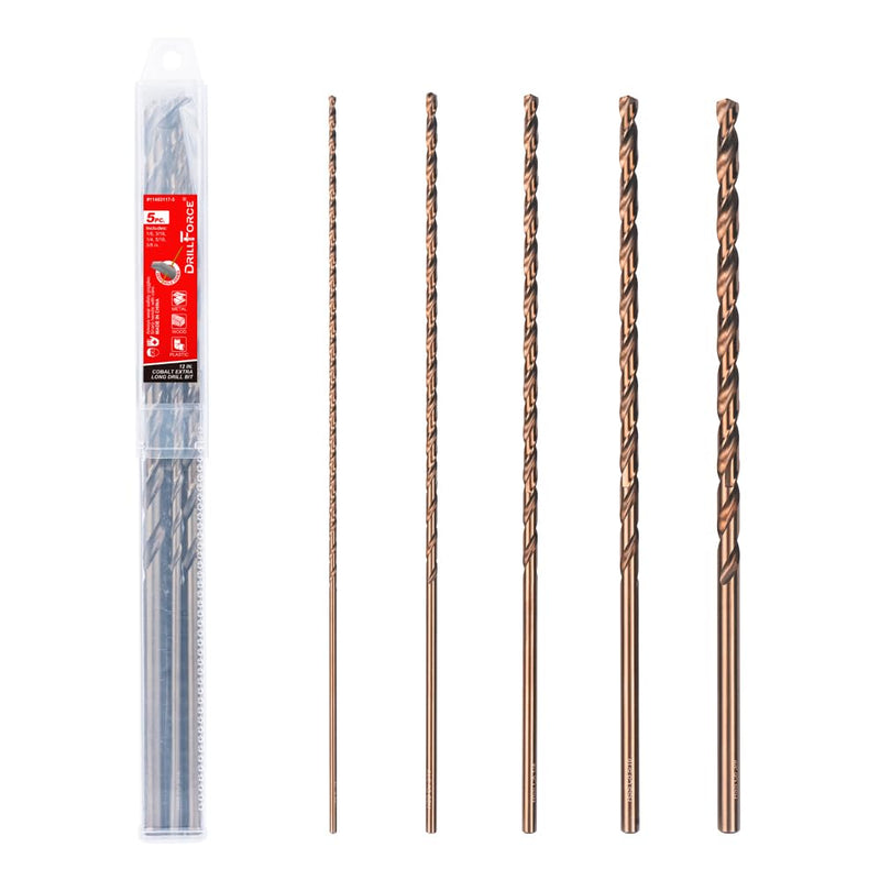 Cobalt Extra Long Drill Bits Set(5PCS), M35 High Speed Steel Extension Drill Bit, 12" Deep Hole Drilling for Stainless Steel, Plastic and Wood 5PCS(1/8"-3/8")