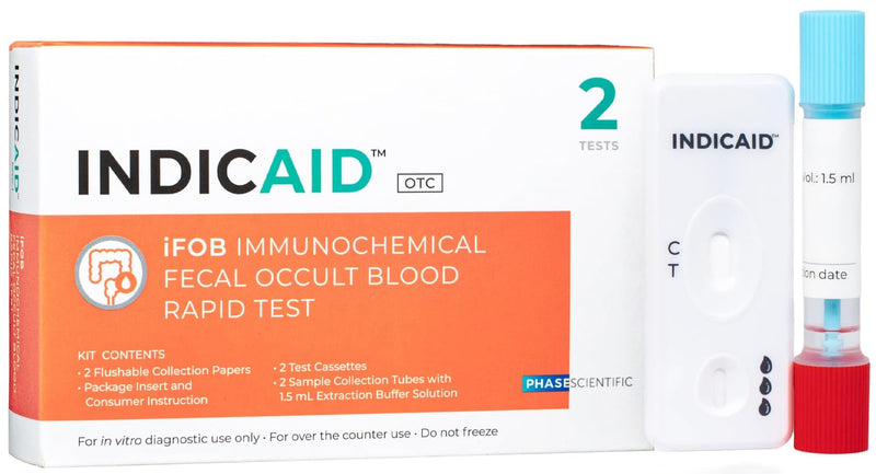 INDICAID Immunochemical Fecal Occult Blood Screening (iFOB), FIT Colon Health screening at Home, 2 Pack, Test for Ulcers, Polyps, Colitis, Accurate and Easy at Home, Sample Collecting Paper Inside.