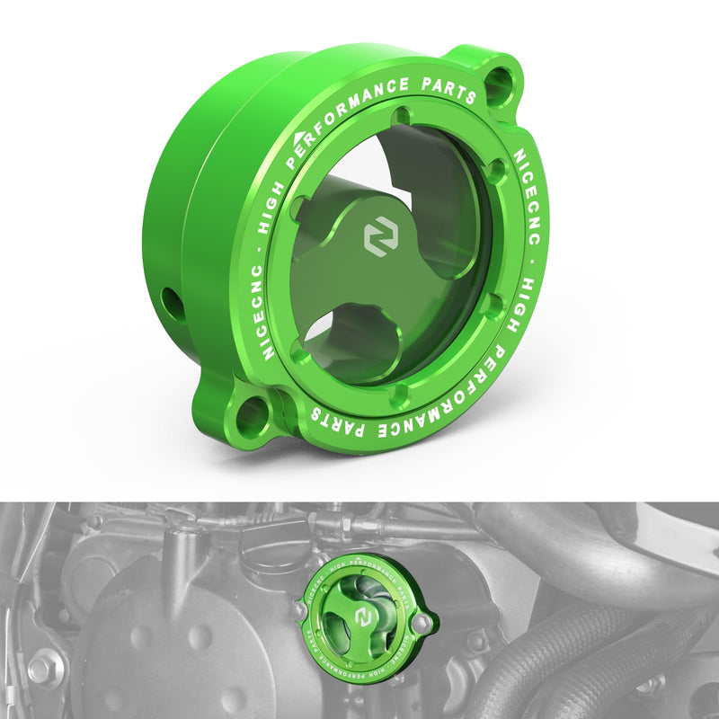 NICECNC Clear Oil Filter Cap Compatible with Kawasaki KLR650 1987-2024, Anodization, 6061-T6 Billet Aluminum, CNC-machined, Green