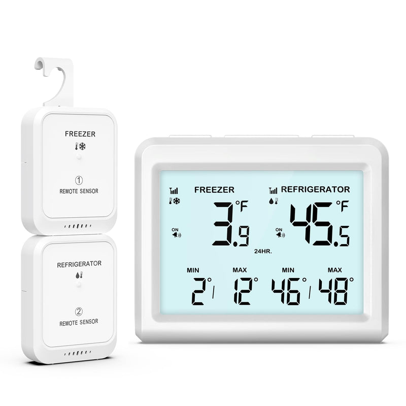 Digital Refrigerator Thermometer - 3.7 inch LCD Backlight Freezer Thermometer with 2 Sensors, Digital Fridge and Freezer Thermometer with Alarm, Max/Min Records, for Homes Restaurants Cellars Regular Screen