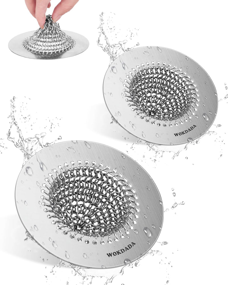 Wokdada 2 PCS Kitchen Sink Drain Strainer, Flippable Mesh Sink Strainer, 304 Stainless Steel Sink Screen, Easy Clean Large Basket Strainer, Anti-Clog Garbage Disposal Cover Fit for Standard Sink Drain Bright Silver Silver