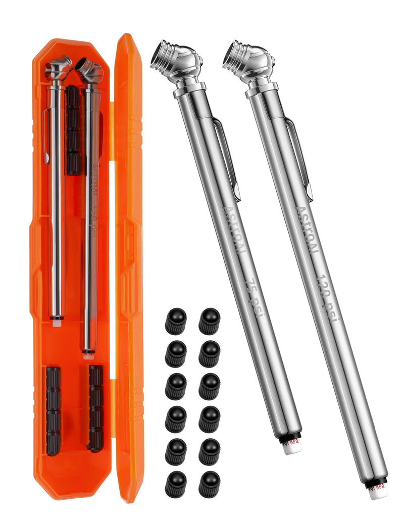 AstroAI Pencil Tire Pressure Gauge 2 Pack (10-75PSI, 10-120PSI ±2% Span), Valve Caps with Case, Stainless Steel Body, and Metal Made Nozzle 3 Measurements for Cars, Bikes, Vehicles, Pickups Standard Orange