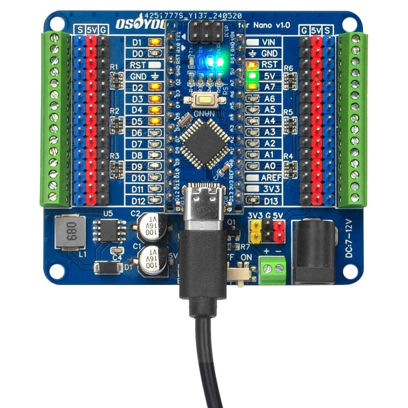 OSOYOO Nano Board with USB-C and Nano I O Shield,Breakout Board with GPIO Status LED