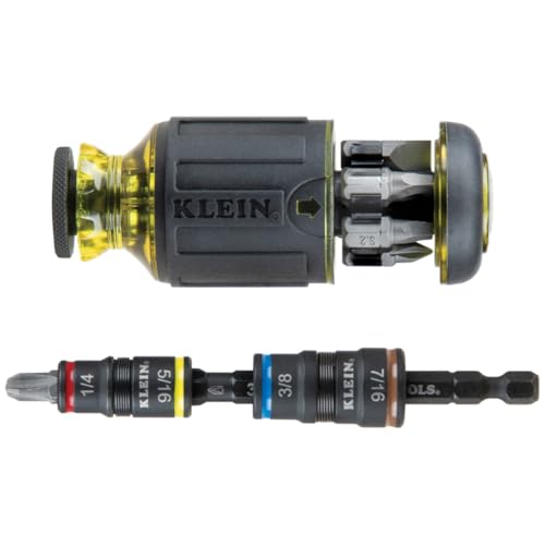 Klein Tools 32308HD Impact Driver Set, 12-in-1 Stubby Screwdriver Set, 2 Hex Flip Sockets, 7 Bits, 1/4-Inch Bit Holding Feature Heavy Duty