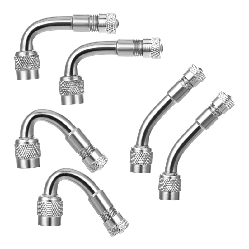 6 Pack 45 Degree 90 Degree 135 Degrees Metal Valve Stem Extenders, Dually Valve Stem Extenders Universal Valves Extensions for Wheels Passenger Cars RV Stroller Bicycles Motorcycles Trailer, Silver